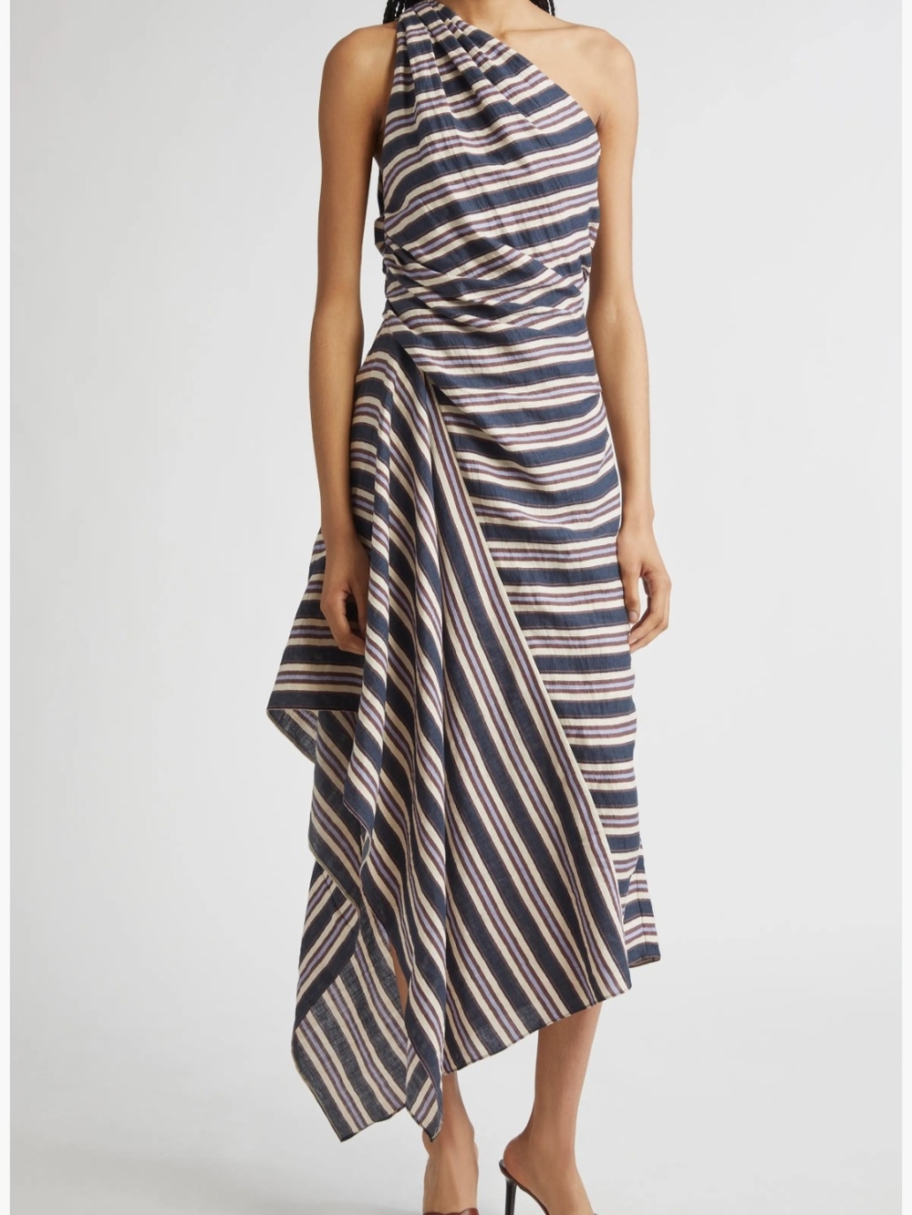A.L.C. One-Shoulder Striped Midi Dress in Navy, Cream, and Beige